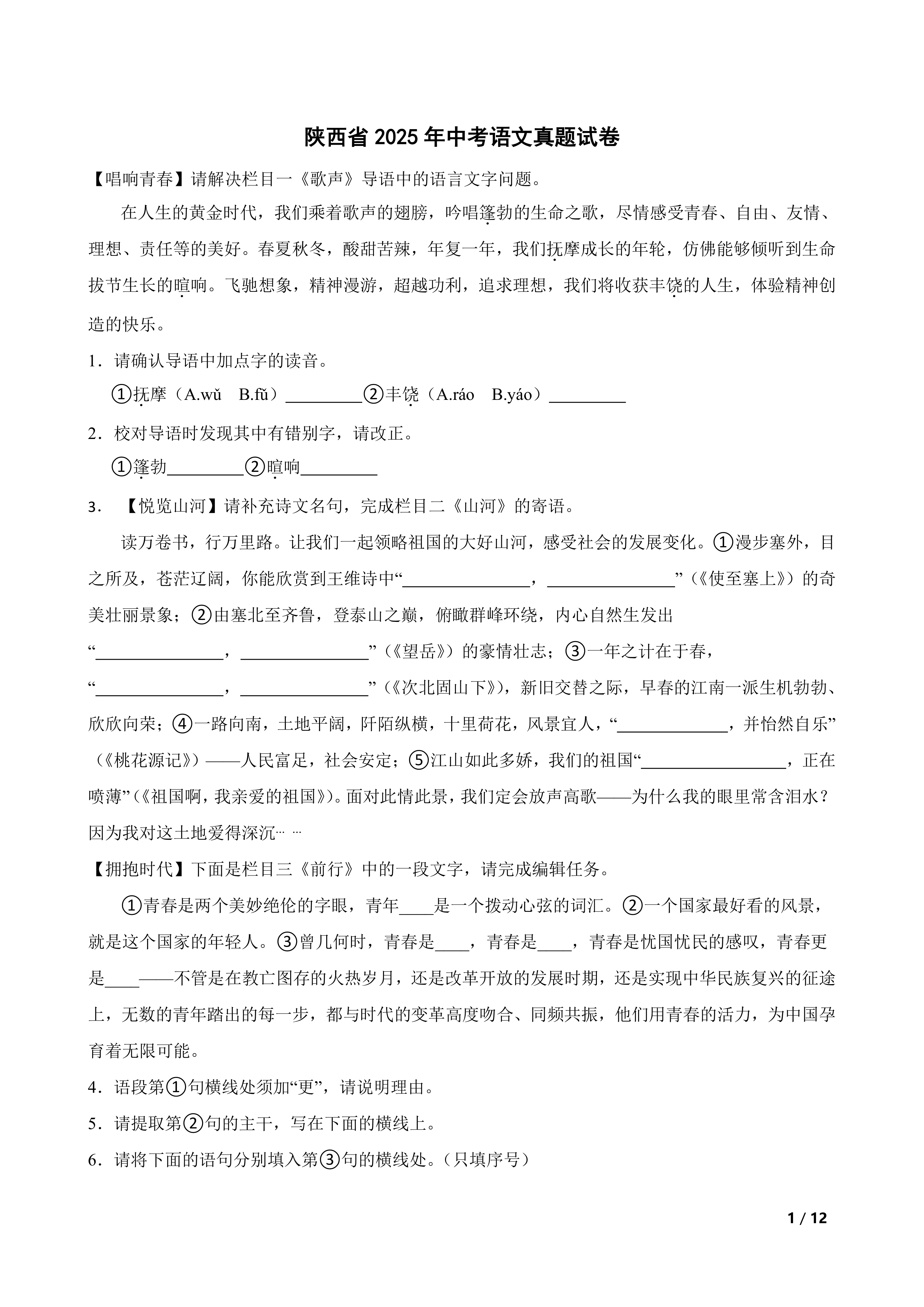 [中考真题]陕西省2025年中考语文真题试卷